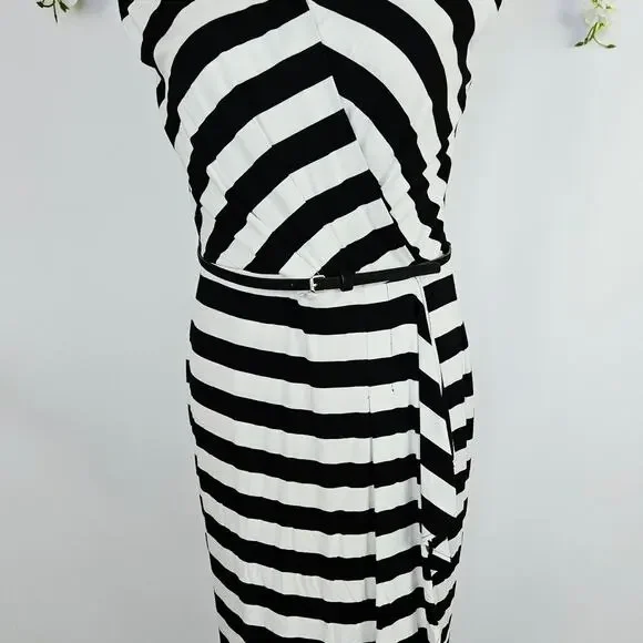 New Calvin Klein Size 6 Black White Striped Dress Belted Classic Chic Career - Picture 7 of 16